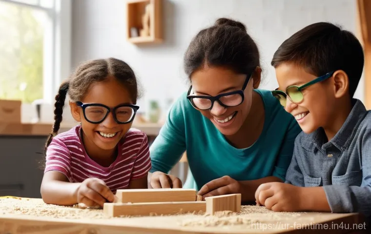 가족과 함께하는 DIY 목공 체험 - **Prompt 1: Joyful Family Woodworking**
"A vibrant, candid shot of a diverse family (parents, a ...