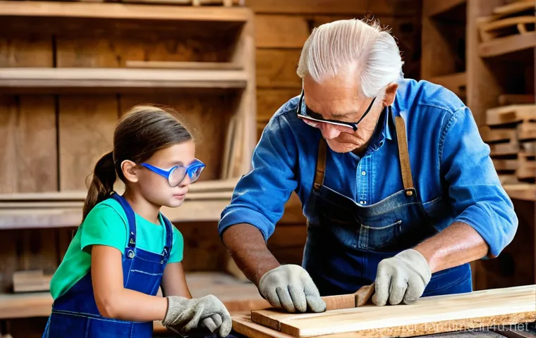 가족과 함께하는 DIY 목공 체험 - **Prompt 2: Learning the Craft with Care**
    "An attentive, medium shot of a father (30s-40s, wear...